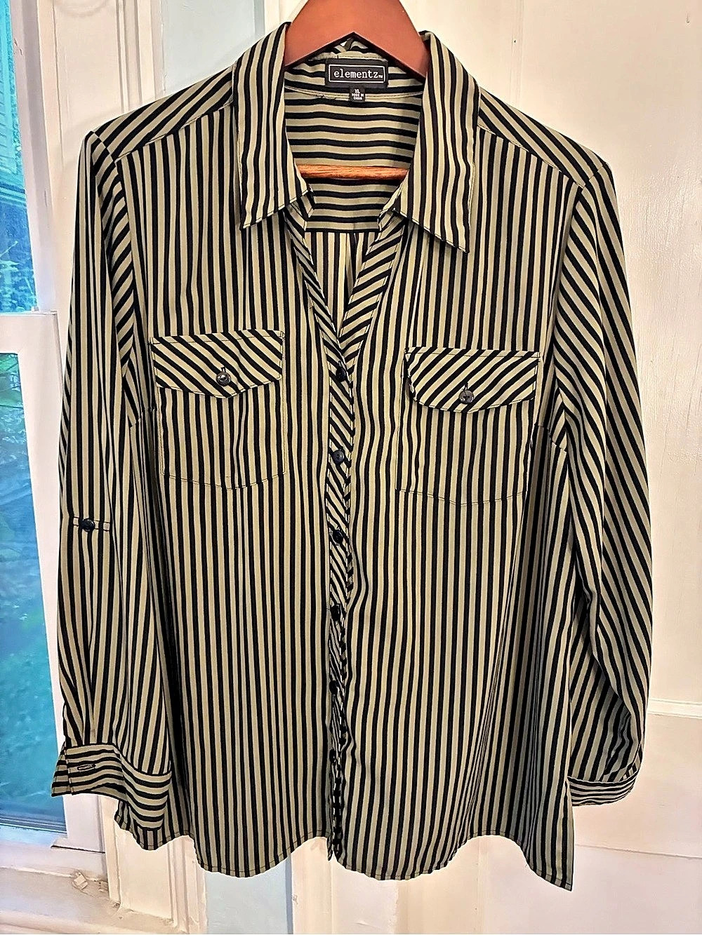 Slightly imperfect- Striped blouse olive green & black - thread gap right pocke